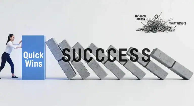 Quick wins leading to success: A woman pushes dominoes, showing how small steps create a big impact.